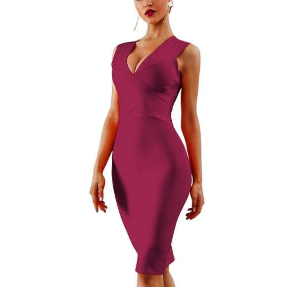 Women Wide Strap V-Neck Cross Over Design Stretchy Elegant Fitted Bandage Dress - Picture 3 of 9